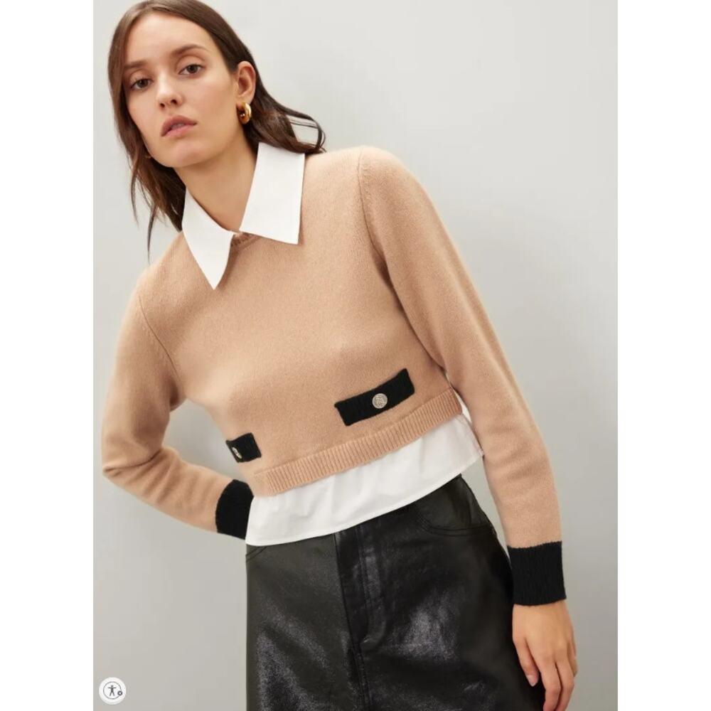 Sandro Cropped Crewneck Sweater in Camel with Black Trim